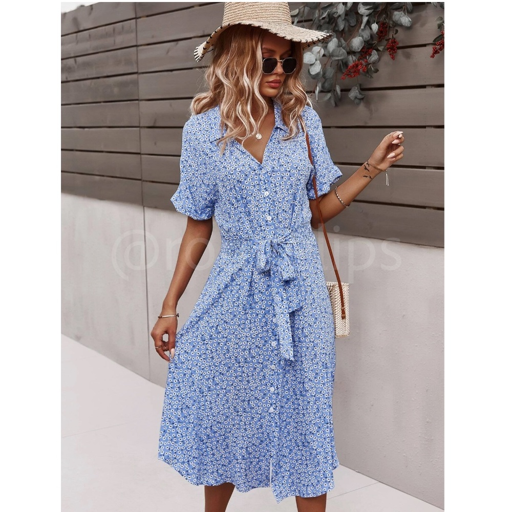 Light Blue Floral Print Midi Dress Button Front V-Neck - Picture 5 of 10